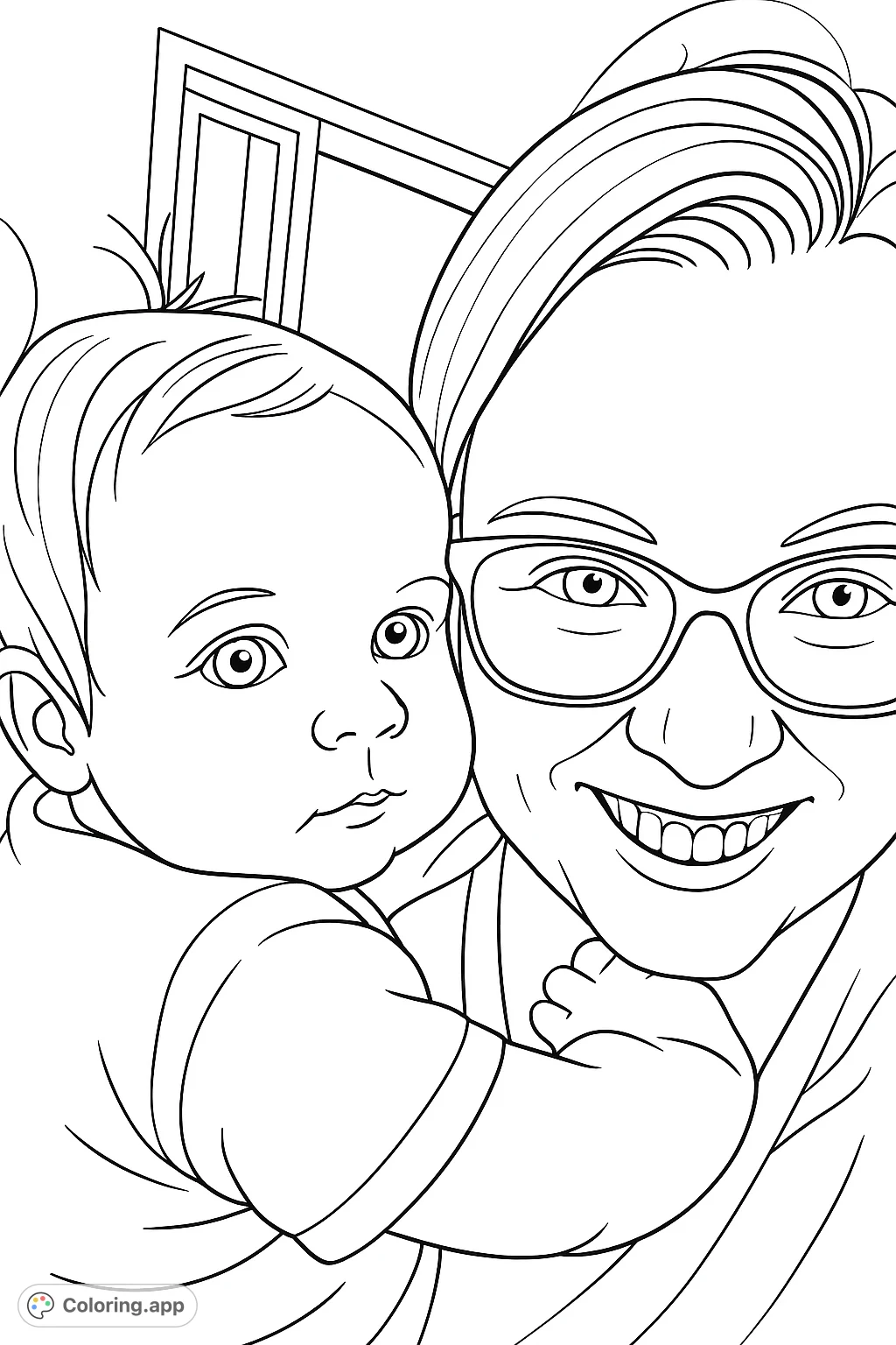 Capture a tender moment with this mother and child coloring page. Features a smiling parent holding a curious baby, perfect for all ages.