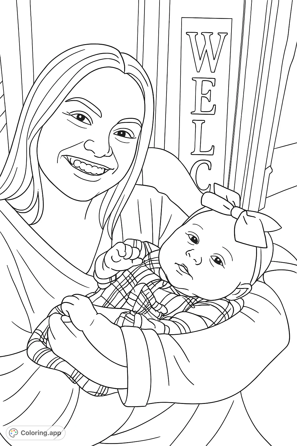 Celebrate family with this heartwarming mother and baby coloring page. A smiling woman holds a sweet infant with a bow. Free printable, perfect for kids and adults.