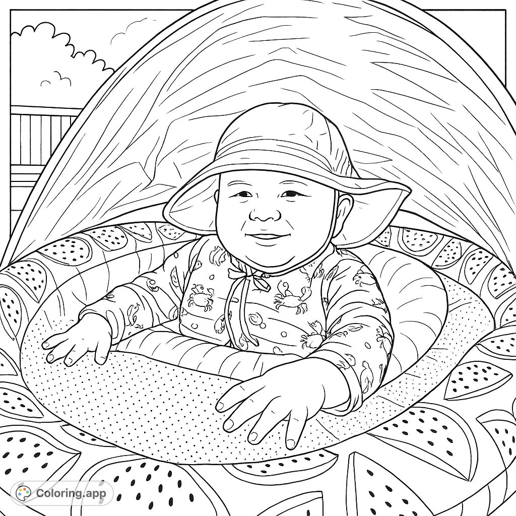 A delightful baby in a sun hat and crab-patterned swimsuit, happily playing in a portable tent with fruit designs. Perfect for a cheerful coloring session.