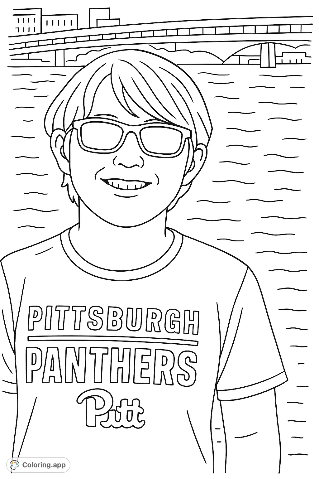 A cheerful boy in sunglasses smiles by the water, with a bridge in the background. This simple and fun coloring page is perfect for all ages.