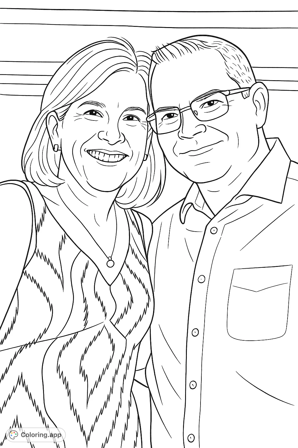 A heartwarming smiling couple portrait coloring page, perfect for expressing affection. This free printable coloring page features two individuals with simple details.