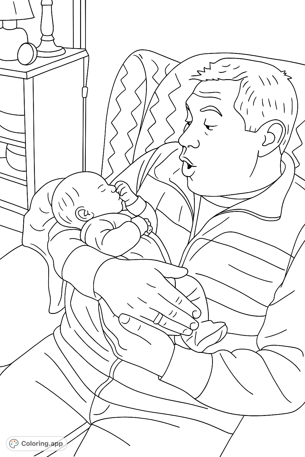 Capture a tender moment with this heartwarming coloring page featuring a man gently cradling a newborn baby. Perfect for celebrating family bonds and new beginnings.