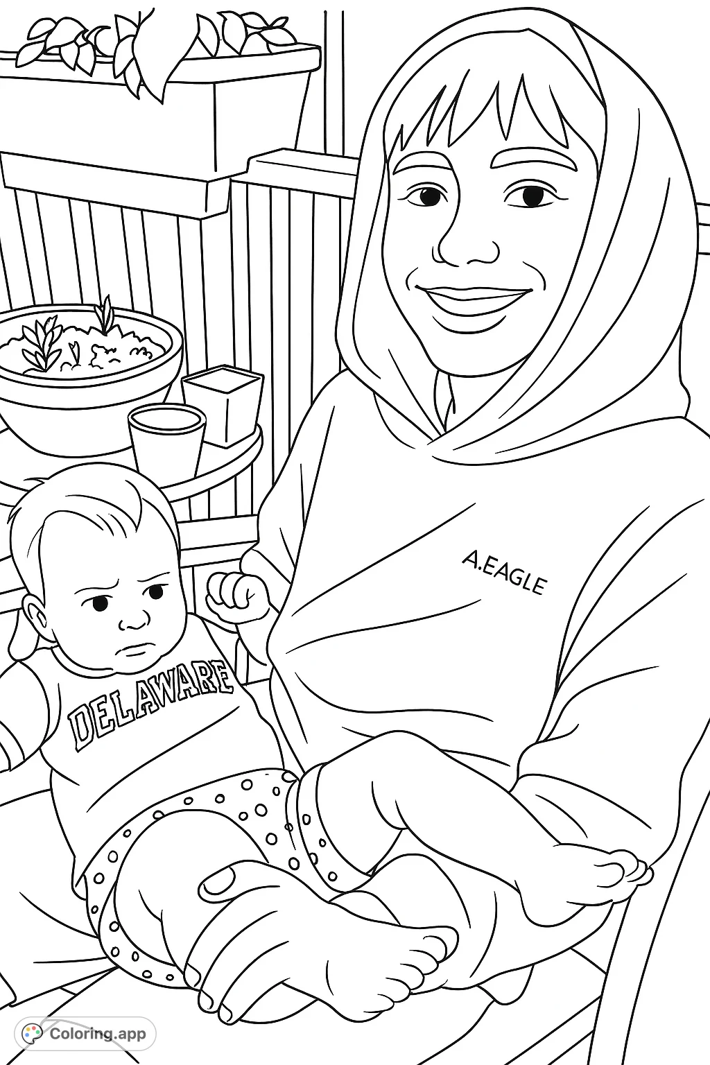 A heartwarming scene of a young man holding a baby, perfect for a simple and sweet coloring experience. Capture this tender family moment.