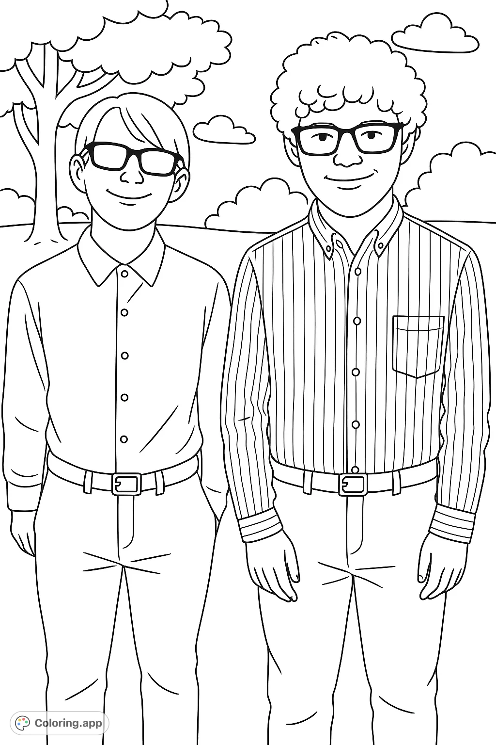 Discover this two young men coloring page, a free printable coloring page perfect for all ages. This friends coloring page offers a simple portrait for a relaxing creative activity.