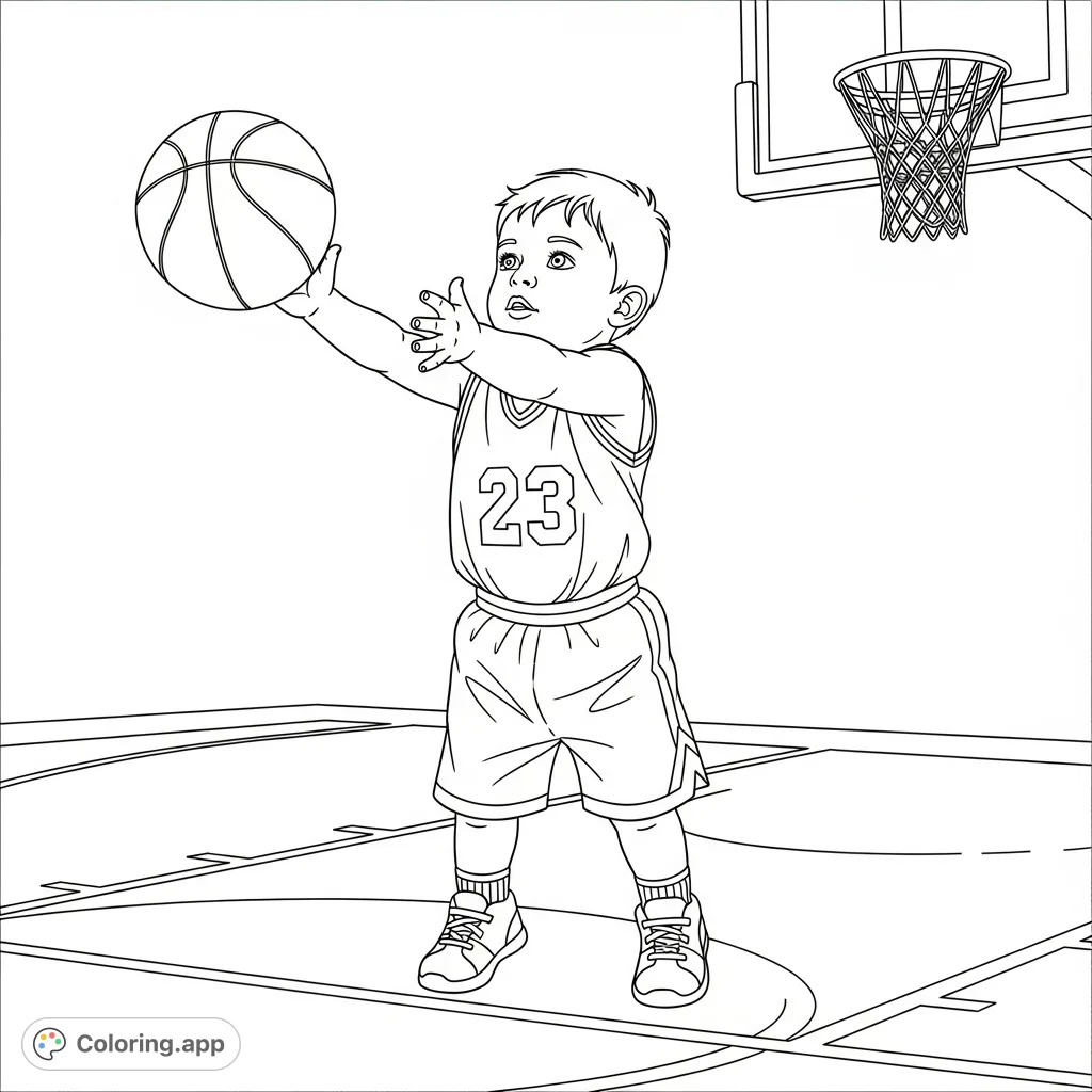 A charming free printable basketball coloring page featuring a 2-year-old boy in a jersey with number 23, shooting a free throw on a court. Perfect for young sports fans!