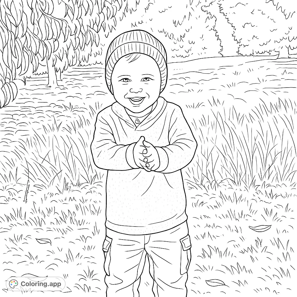 A delightful coloring page featuring a smiling child in a cozy hat and sweater, standing amidst tall grass and leafy orchard trees. Perfect for a joyful coloring experience.