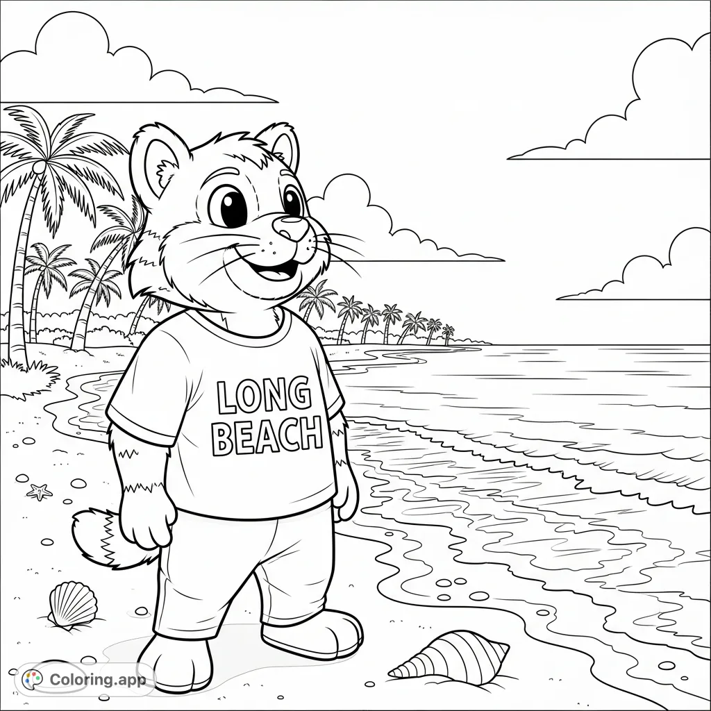 A cheerful bearcat mascot in a "Long Beach" shirt enjoys a peaceful beach day, complete with palm trees, ocean waves, and scattered seashells.