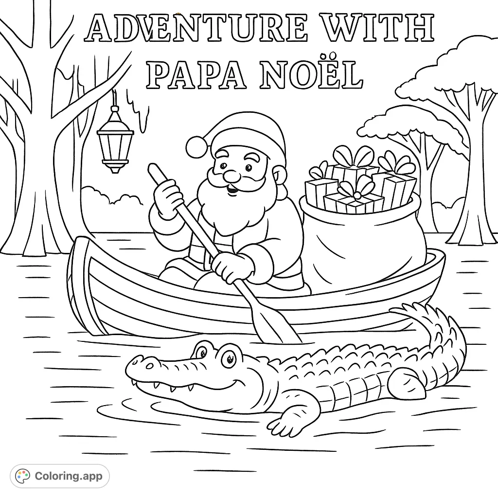 Santa Claus paddles a boat through a swamp, accompanied by an alligator, delivering gifts under a starry sky. A unique holiday adventure!