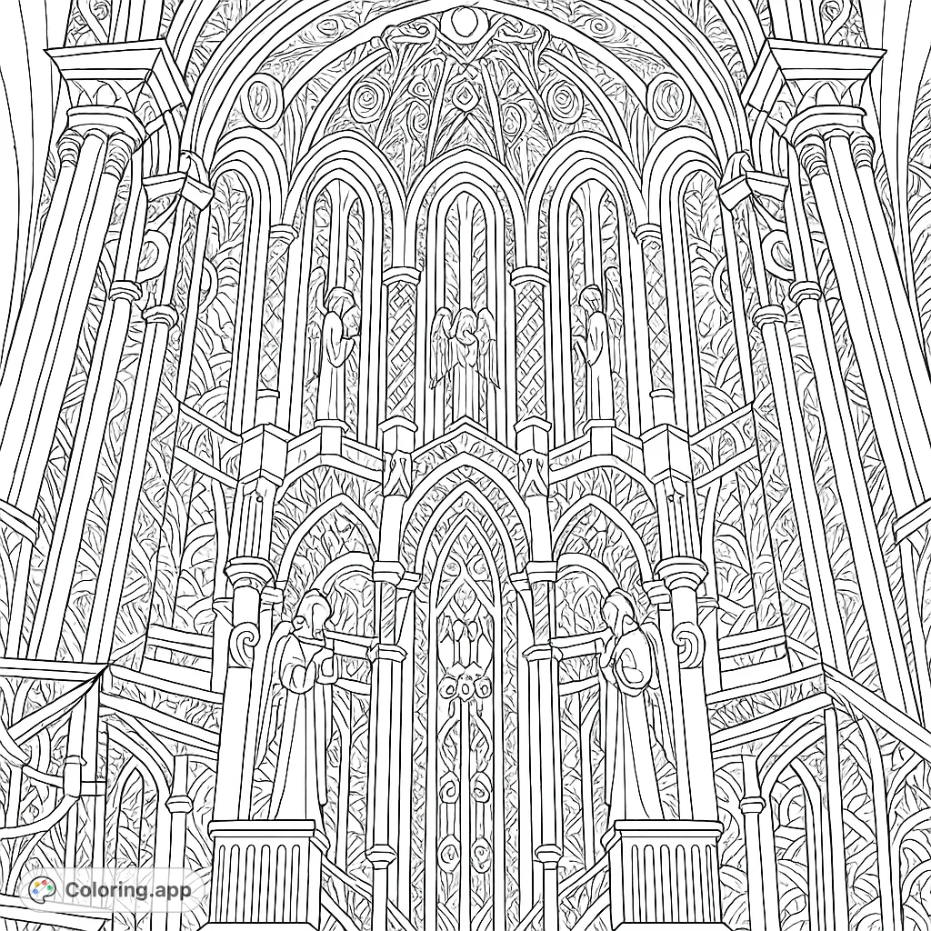 Immerse yourself in this intricate architectural coloring page, featuring gothic arches, detailed columns, and complex patterns for a challenging and rewarding experience.