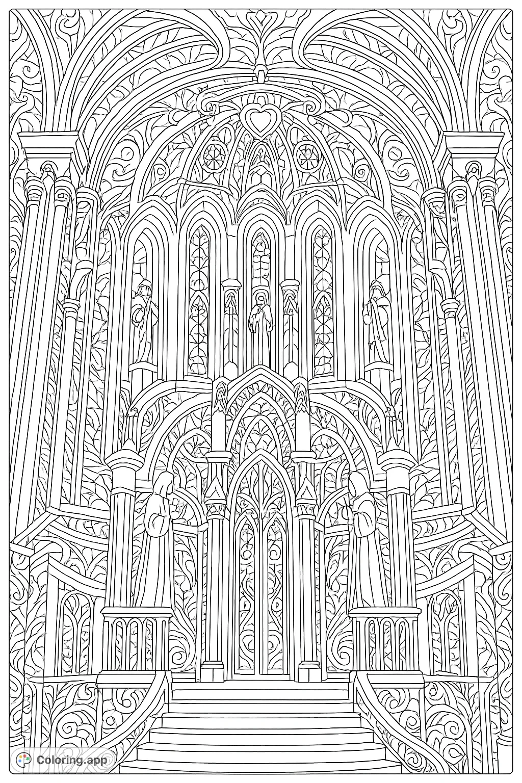 An intricate coloring page featuring a grand cathedral interior with detailed arches, columns, and statues, perfect for advanced colorists.