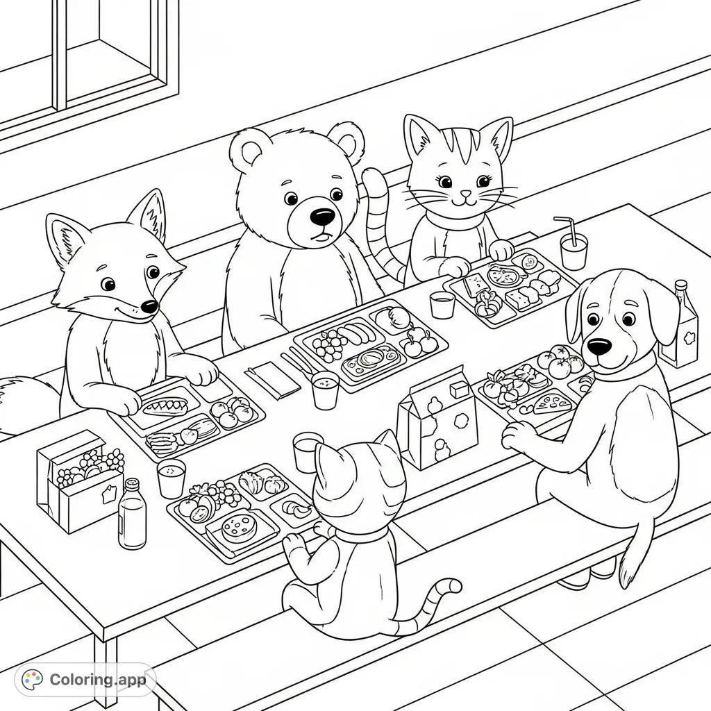 A delightful coloring page featuring a fox, bear, cat, and dog sharing a meal at a school cafeteria table, complete with lunch trays and fruit.