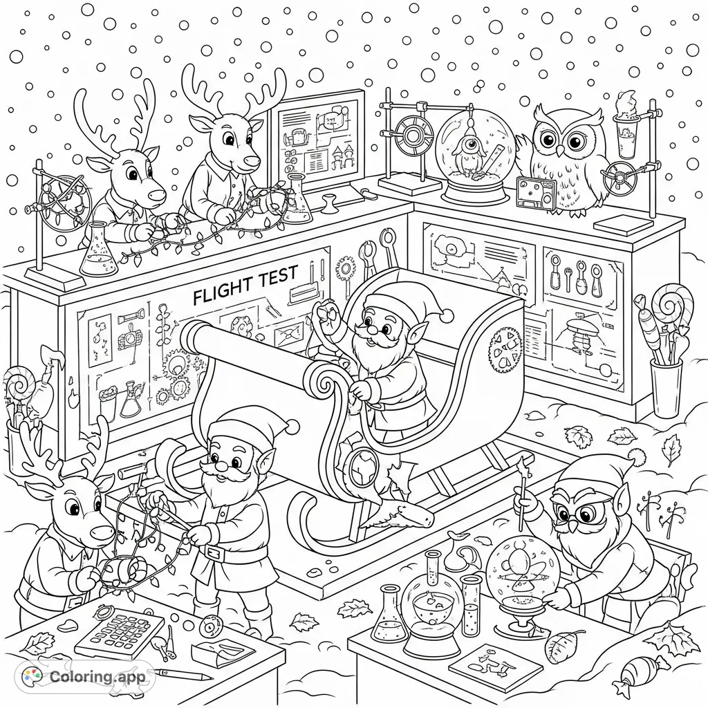 Explore a bustling festive science workshop where reindeer engineers test lights, elf inventors work on Santa's sleigh, and an owl studies snowglobe physics.