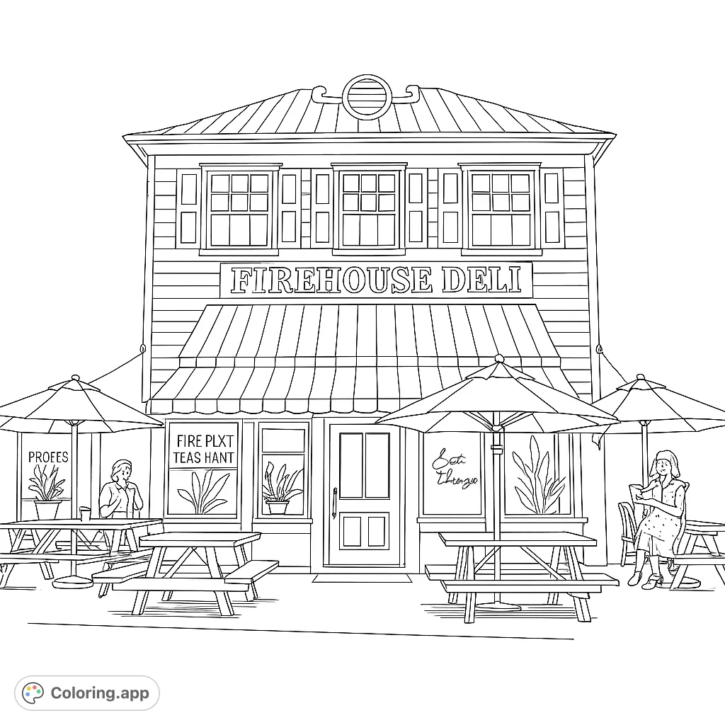 Color a charming Firehouse Deli with outdoor seating, umbrellas, and figures. A detailed urban scene perfect for all ages.