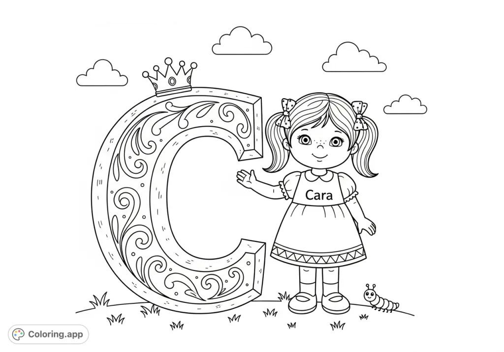 A delightful "C is for Cara" coloring page featuring a cheerful girl, Cara, with a decorative letter 'C' and playful background elements.