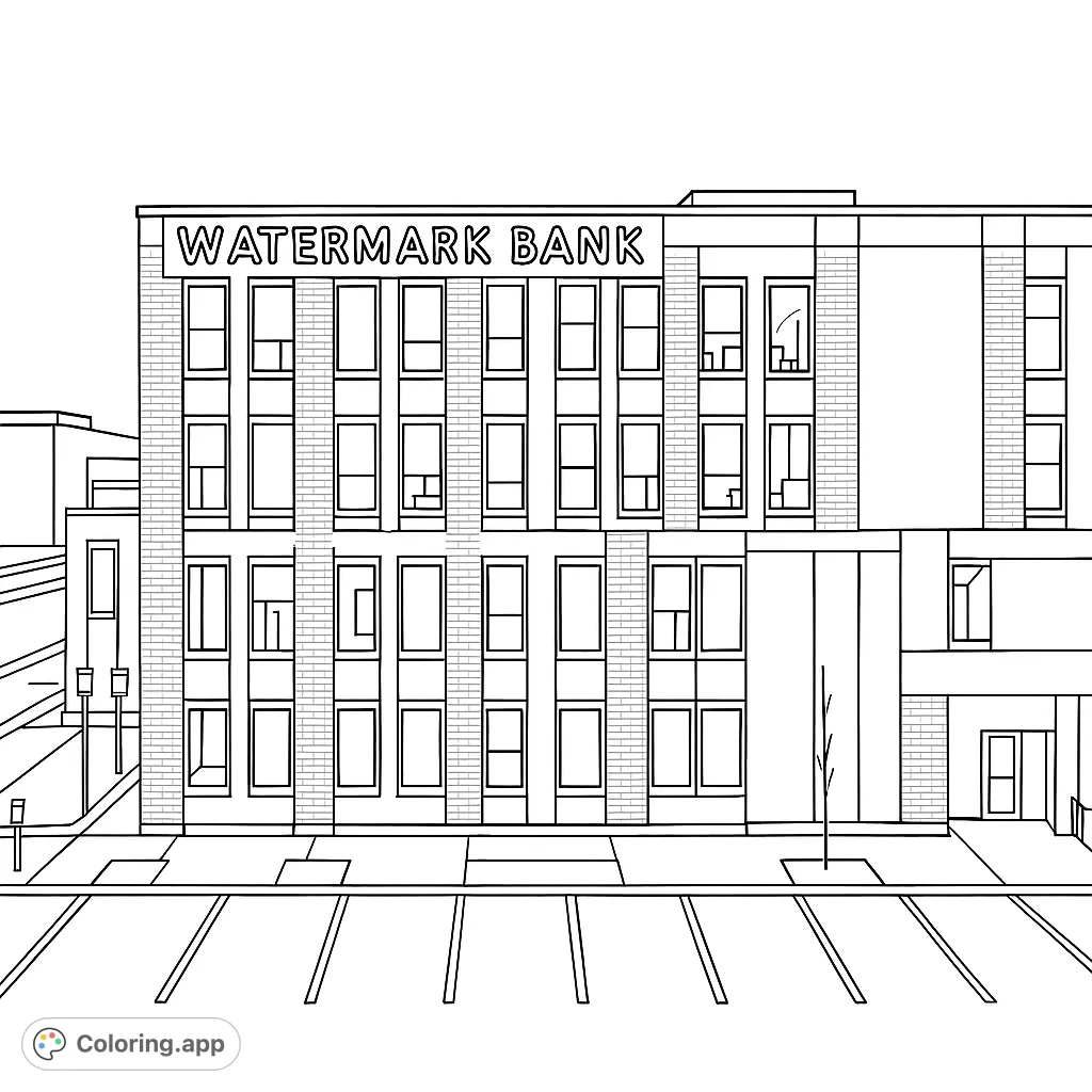 Color a detailed modern bank building with a prominent sign, numerous windows, textured brickwork, and a parking lot. Perfect for architectural enthusiasts.