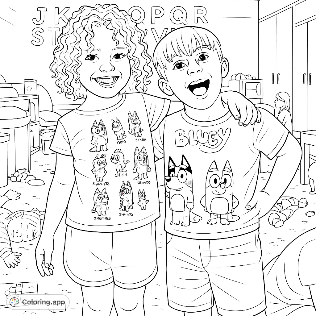 Capture the joy of childhood with this delightful coloring page featuring two happy children and their favorite cartoon characters in a fun playroom setting.