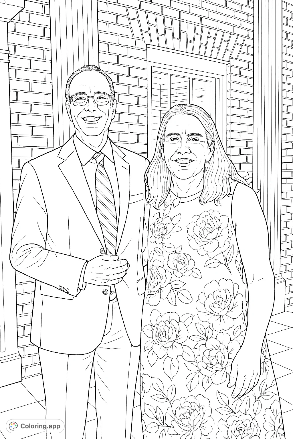 A charming coloring page featuring a smiling couple, the man in a suit and the woman in a floral dress, against a classic brick building.