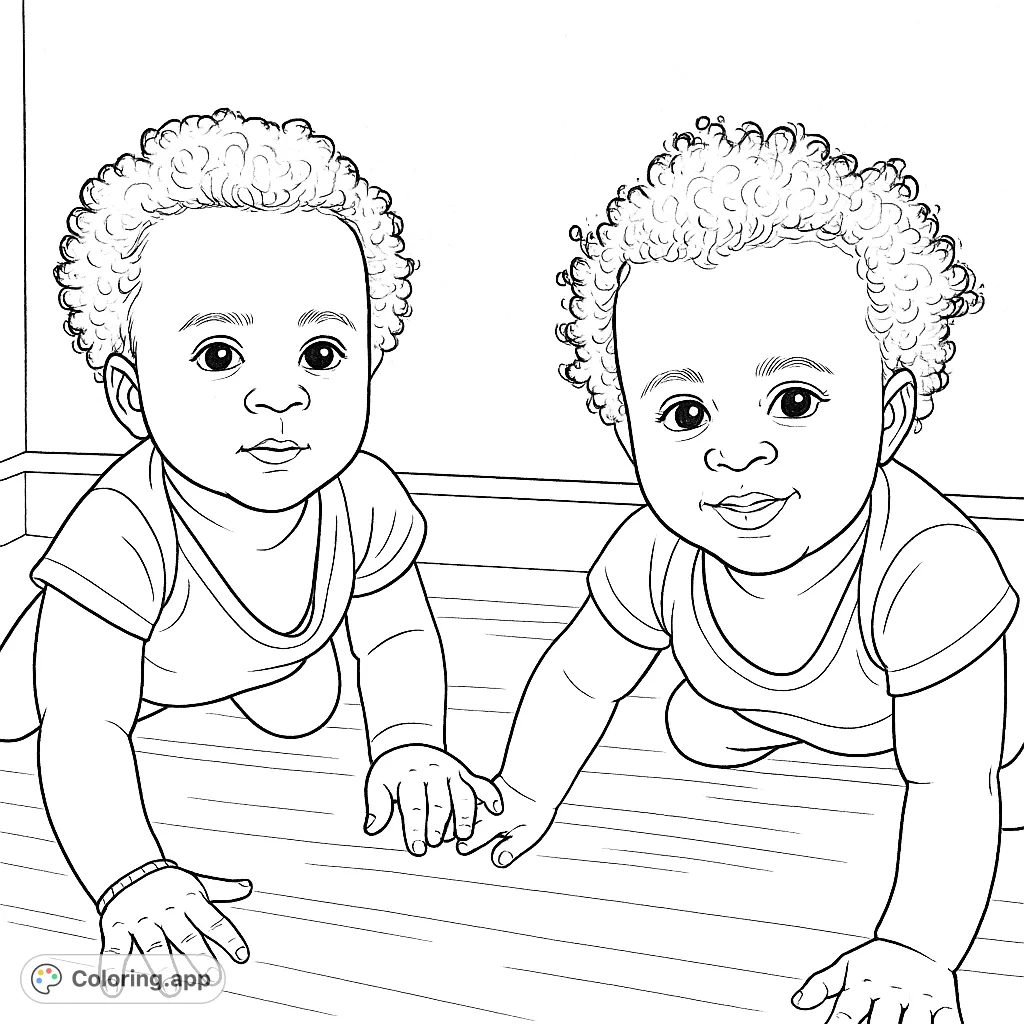 Two adorable babies crawling, ready for a splash of color. Perfect for celebrating new arrivals and family joy with this heartwarming twin babies coloring page.