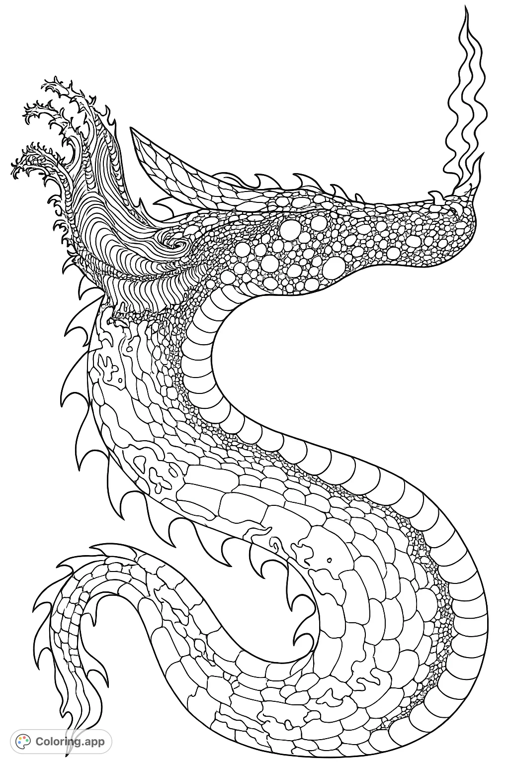 An intricate mythical serpent coloring page, featuring detailed scales, a flowing mane, and a smoke-like plume. Perfect for fantasy enthusiasts.