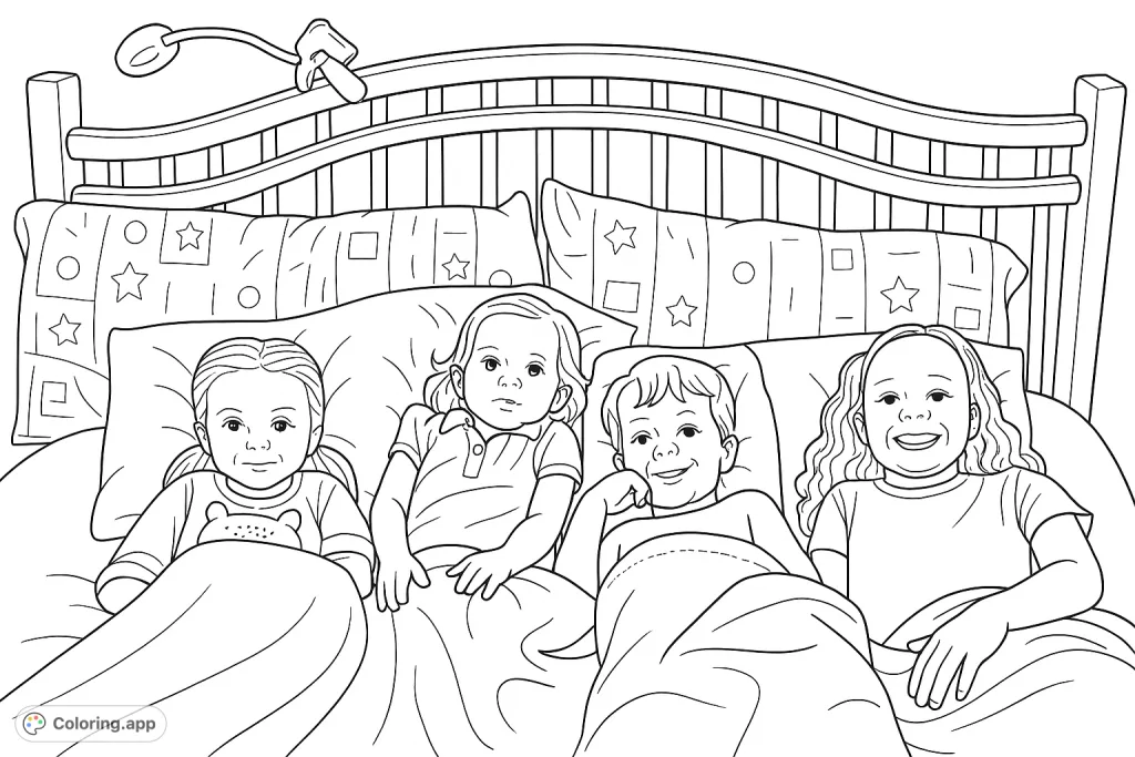 Four happy children snuggled in bed, ready for a cozy night. A delightful scene for kids to color, fostering imagination and warmth.