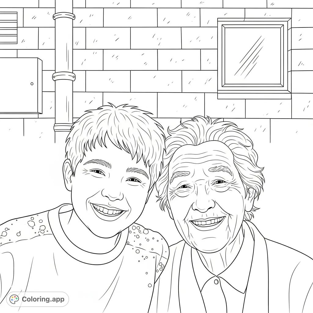 A heartwarming portrait of two smiling individuals, one younger and one older, against a textured block wall with a window and pipe structure.