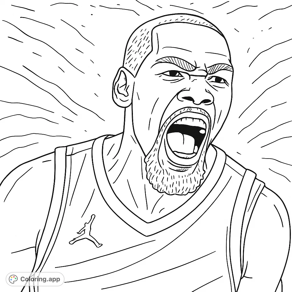 Capture the raw intensity of a basketball player's powerful roar. This dynamic sports coloring page features a fierce athlete in action, perfect for fans.