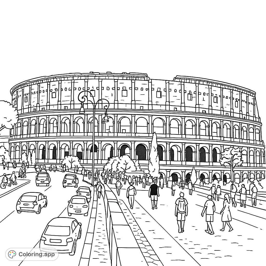 Color the iconic Roman Colosseum, a magnificent ancient amphitheater with intricate arches, bustling streets, and numerous figures, perfect for history enthusiasts.