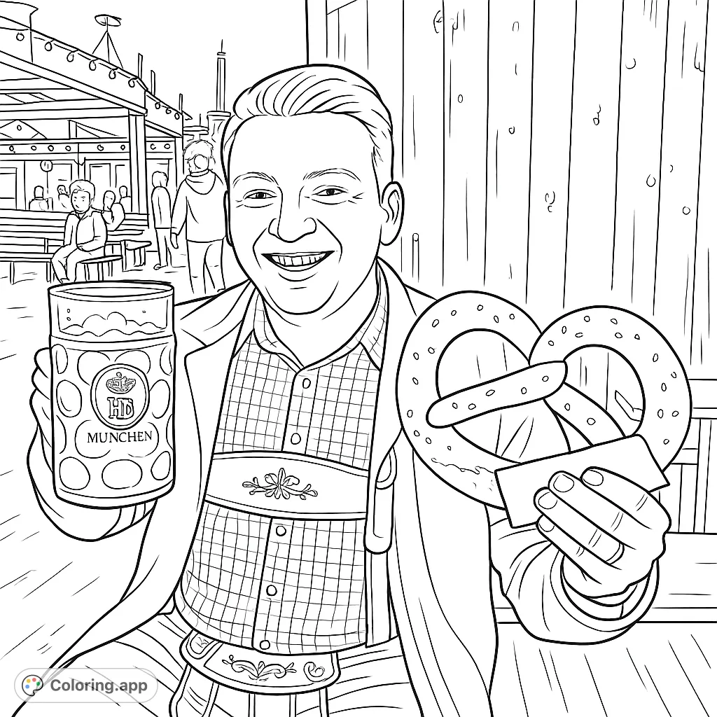 Celebrate with this festive coloring page featuring a smiling man in traditional attire, holding a large pretzel and a mug at an outdoor event.