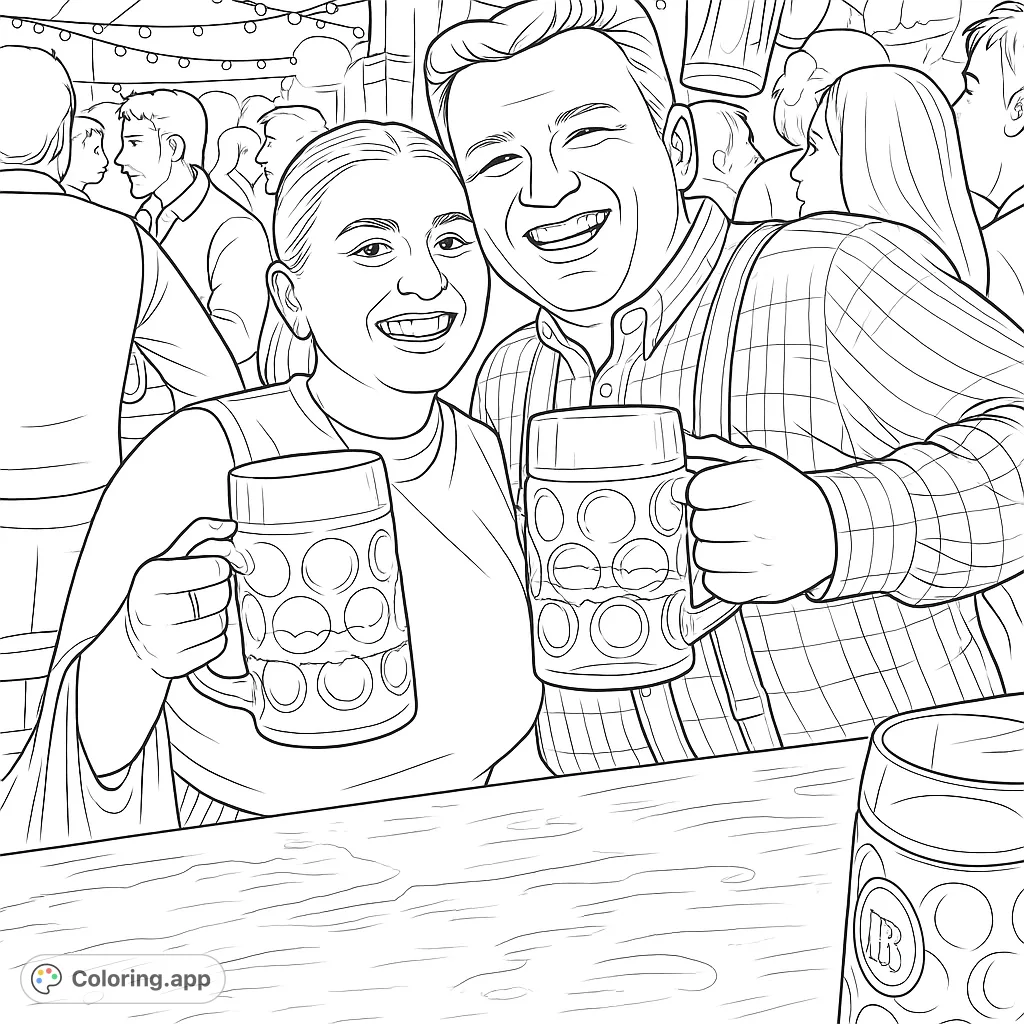 Two joyful friends celebrating with large steins at a lively event. A fun, festive scene perfect for adult coloring page enthusiasts.