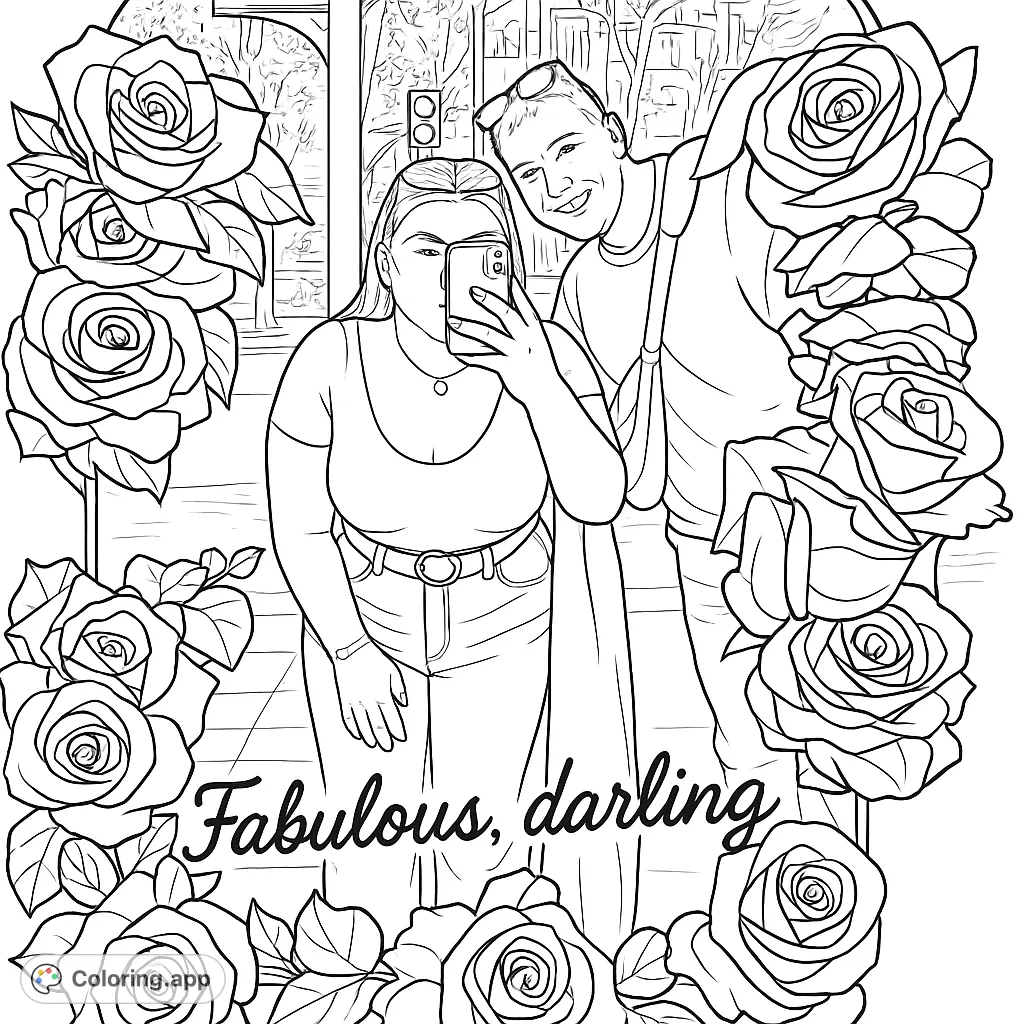 A delightful scene of a couple captured in a mirror adorned with abundant roses, set against a bustling city street.