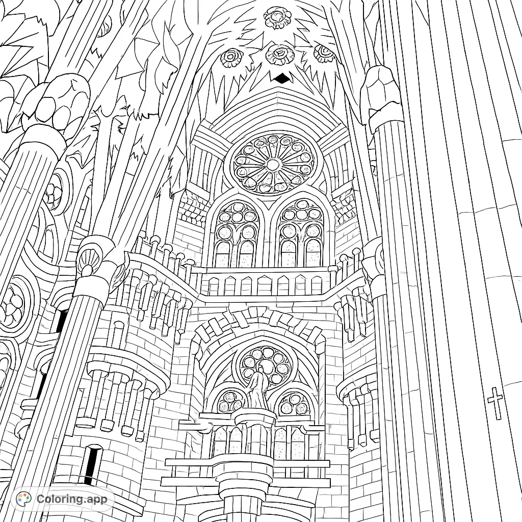 An intricate architectural interior featuring soaring columns, detailed windows, and a central statue, offering a complex coloring experience.