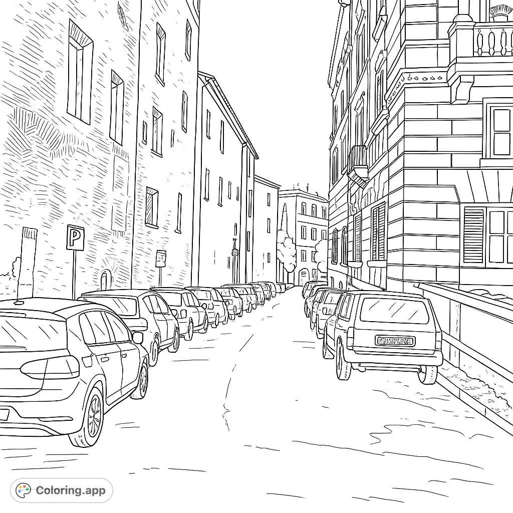 Explore a detailed historic city street with parked cars and intricate architecture. A challenging and rewarding urban landscape coloring page.