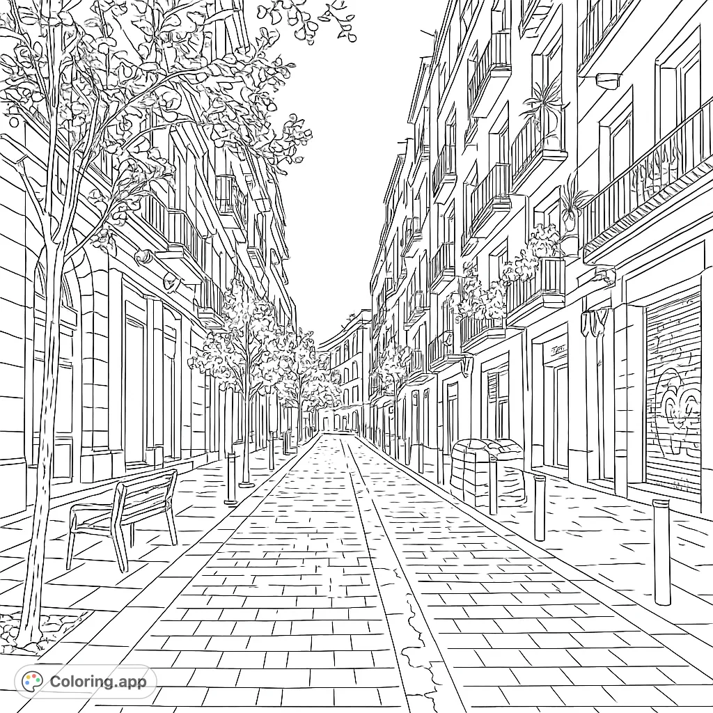 Explore a charming European city street with historic buildings, intricate balconies, and a detailed paved path, perfect for a relaxing coloring experience.