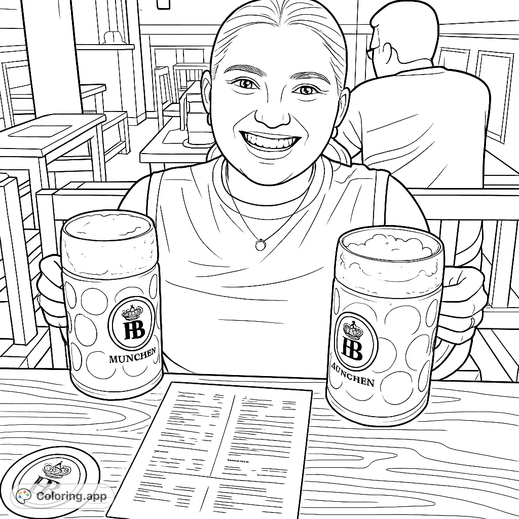 Capture a cheerful moment in a traditional tavern! A smiling woman holds two large steins, ready for you to bring this festive scene to life with your colors.