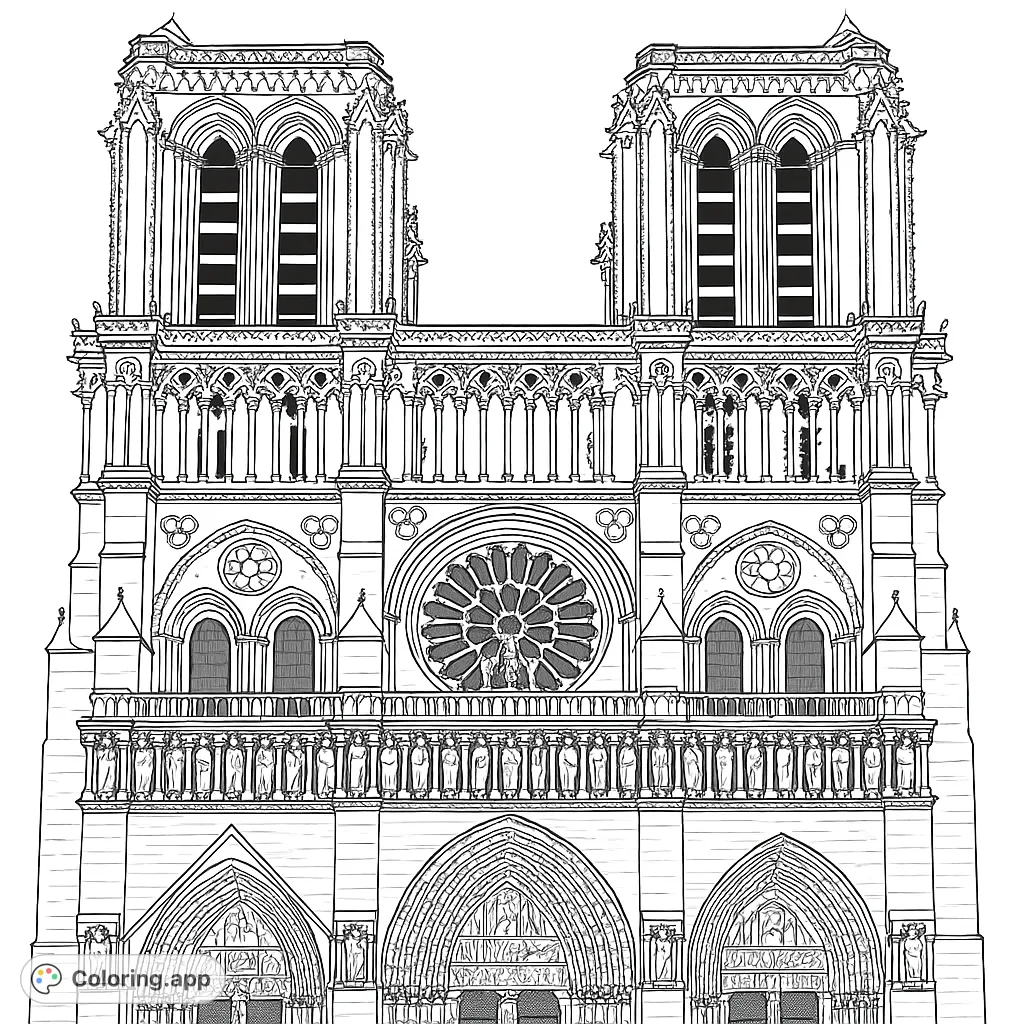 Explore the iconic Notre Dame Cathedral facade, featuring its grand rose window, twin towers, and intricate Gothic sculptures. A detailed architectural masterpiece.