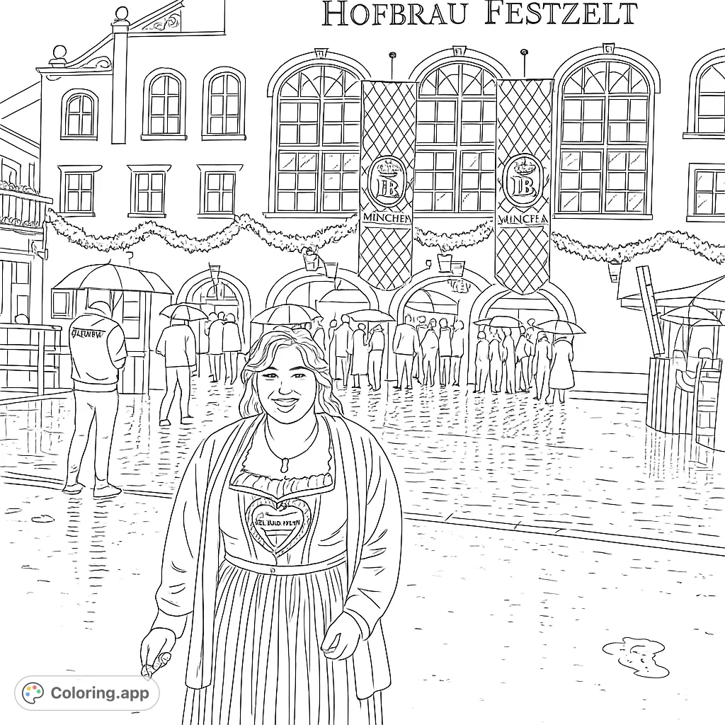 Celebrate Oktoberfest with this detailed coloring page featuring a woman in a traditional dirndl, a grand festival tent, and a lively crowd.