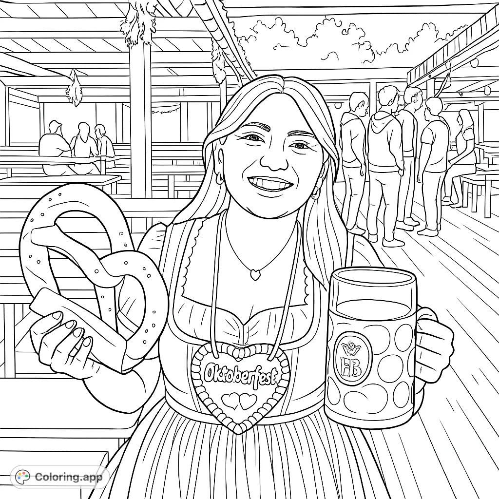Celebrate Oktoberfest with this festive coloring page featuring a woman in traditional attire holding a large pretzel and a stein, set in a lively outdoor festival.