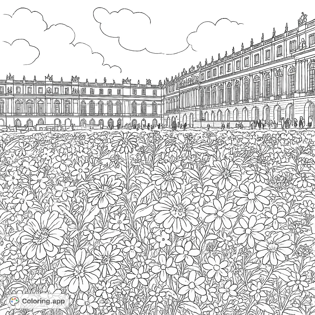 A magnificent palace stands behind a vibrant, detailed flower garden, offering a grand scene for coloring enthusiasts.