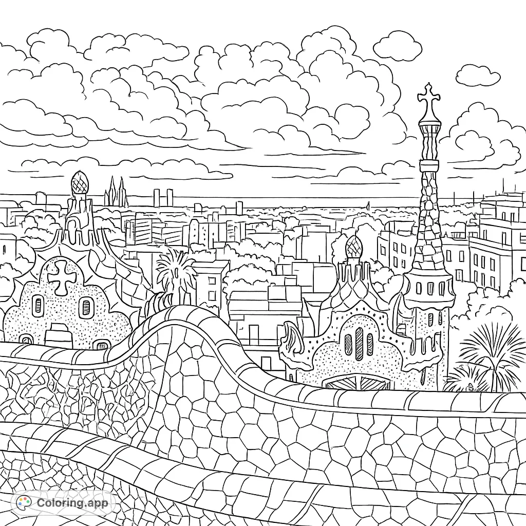 Color a stunning panoramic view of a unique city park, featuring an iconic mosaic bench, whimsical buildings, and a sprawling urban skyline under a dramatic sky.