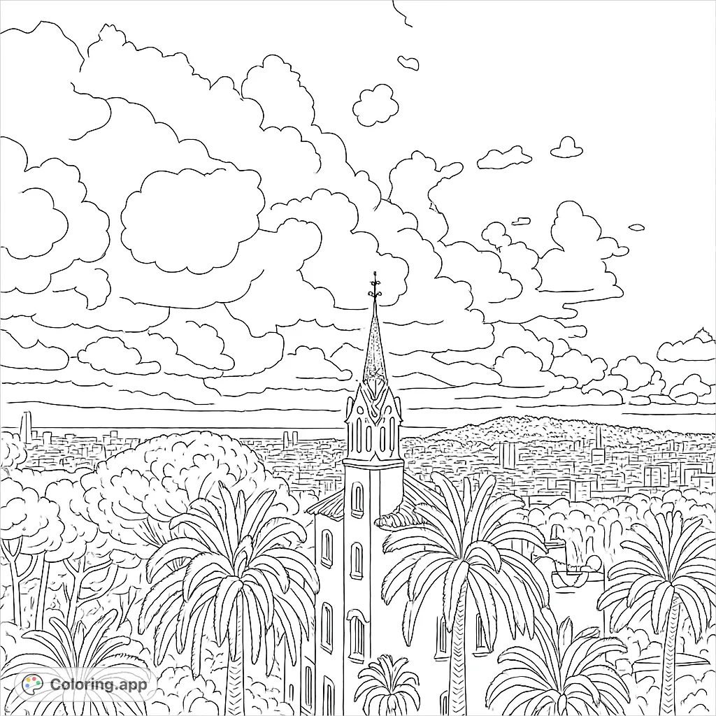 Color a charming architectural tower overlooking a sprawling city, framed by lush trees, with a dramatic cloud-filled sky above. A captivating urban landscape.