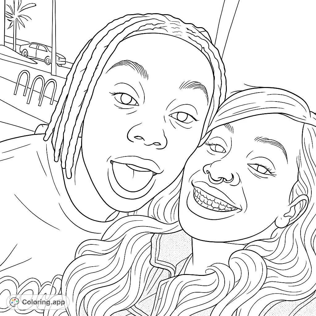 A heartwarming coloring page featuring two young women in a close-up selfie, one with dreadlocks and a playful expression, the other with wavy hair and braces.