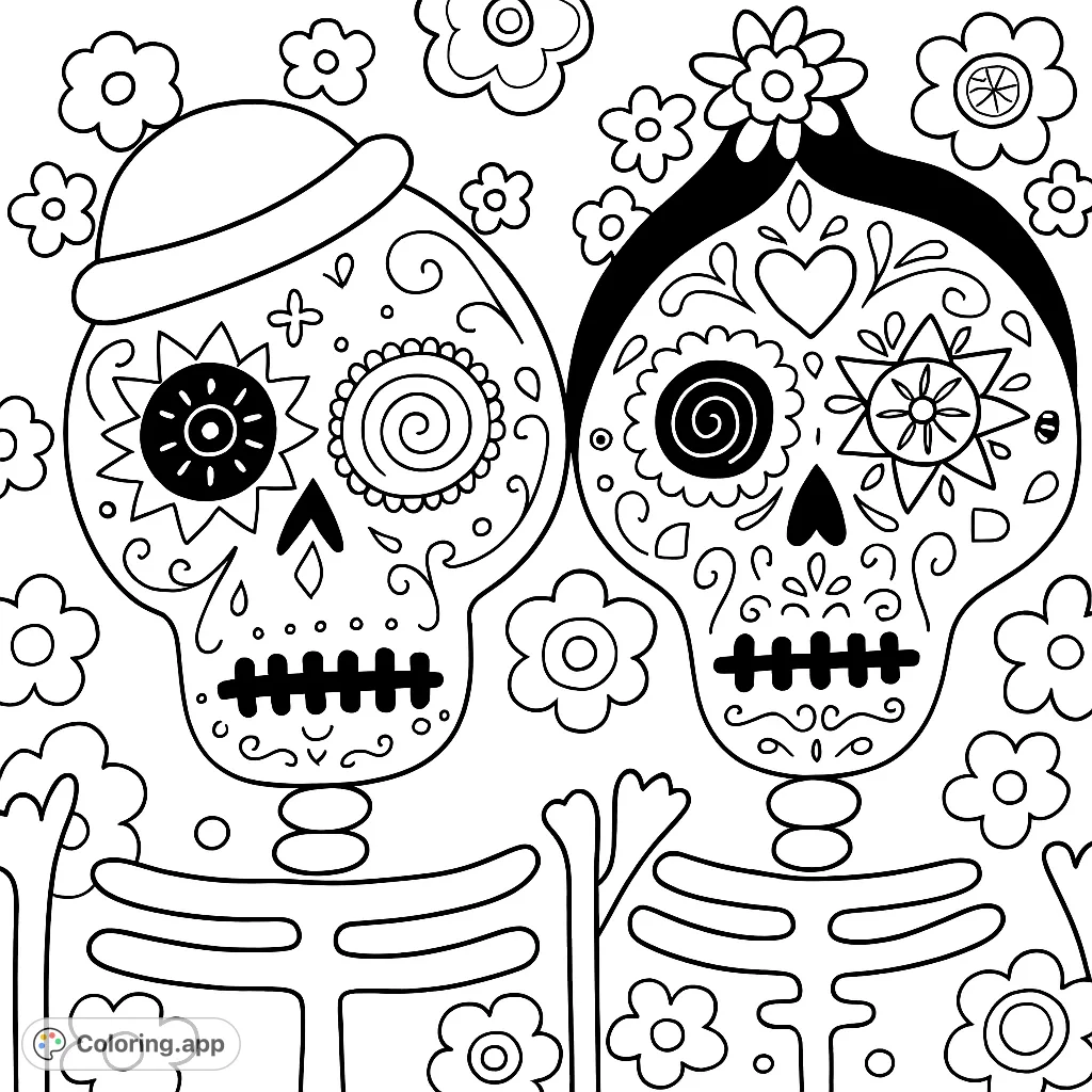 Celebrate with this intricate Day of the Dead coloring page featuring two beautifully decorated sugar skulls and vibrant floral patterns. A cultural art piece.