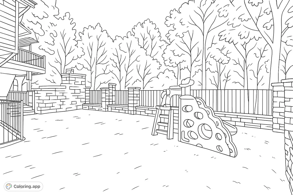 Explore a fun backyard play area featuring a slide, climbing wall, and stone fence, set against a lush forest backdrop. Perfect for imaginative coloring adventures!