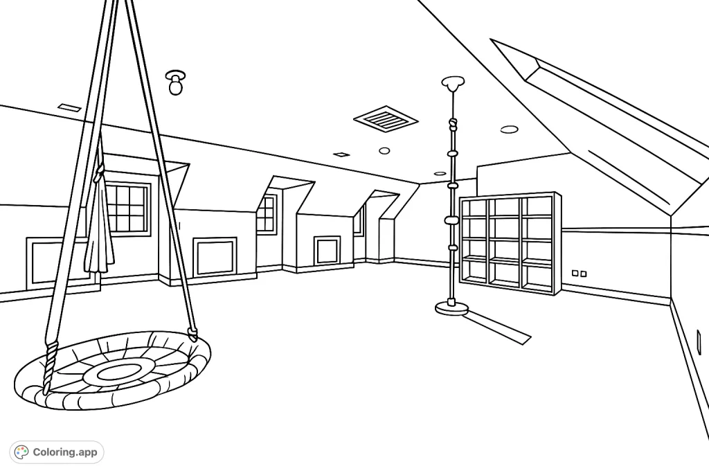 Explore a vast attic playroom with a circular swing, climbing rope, and empty shelves, ready for your creative touch. A fun, free printable coloring page.