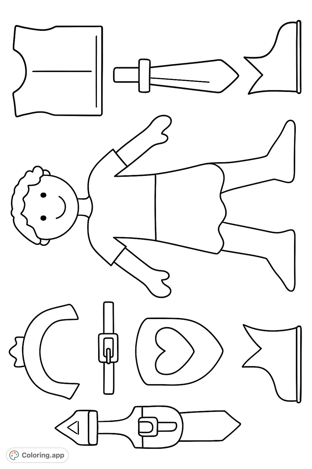 A fun, printable warrior figure and separate armor pieces, including a chest plate, sword, shield, helmet, belt, and boots, ready for creative assembly and coloring.