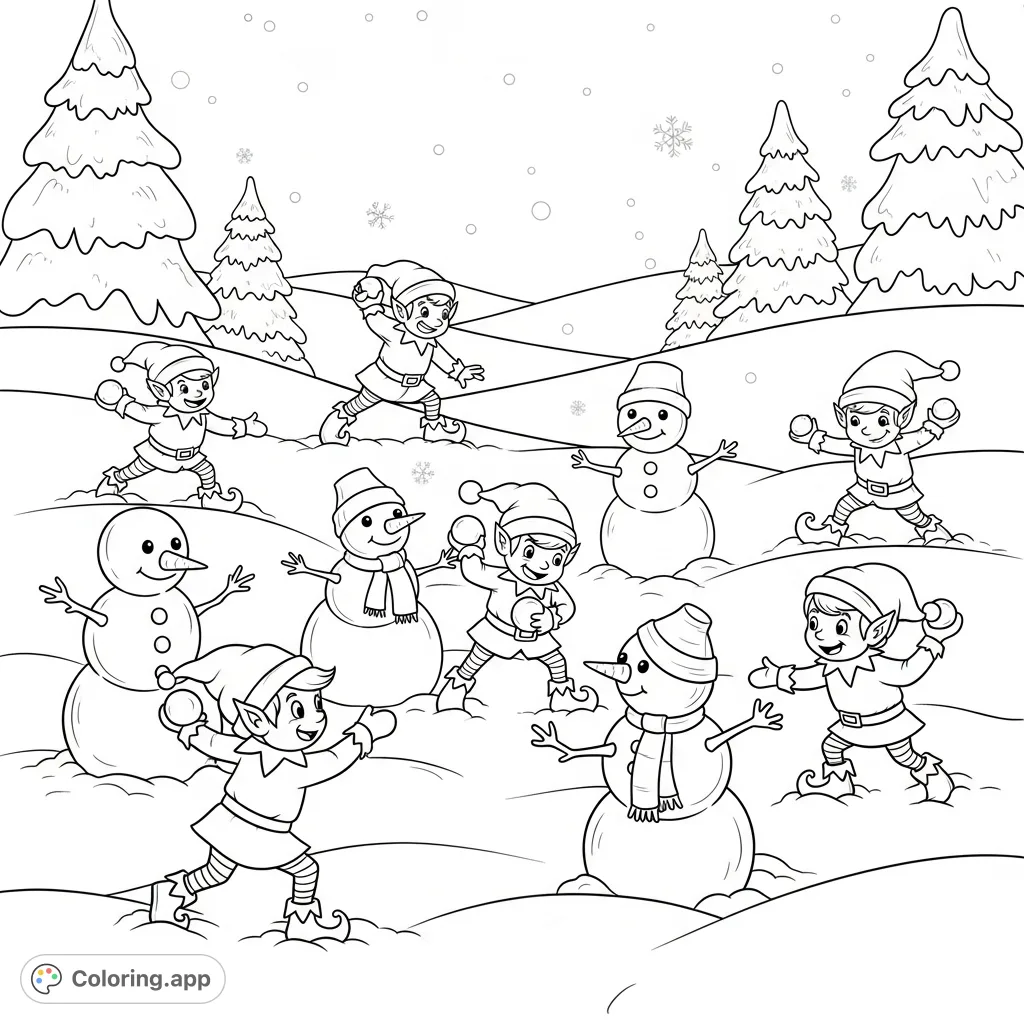 A delightful winter scene featuring playful Christmas elves engaged in a lively snowball fight with cheerful snowmen amidst a snowy landscape. Perfect for festive fun!