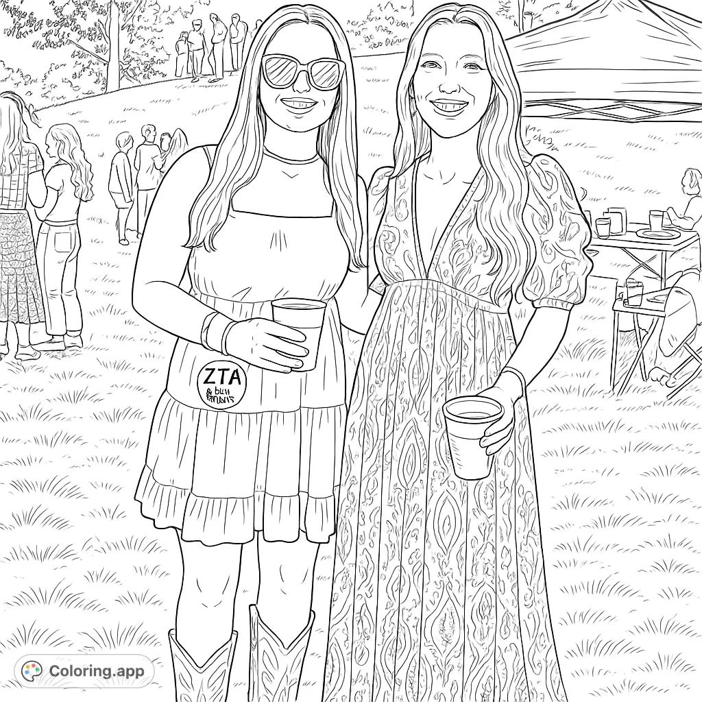 Two smiling women enjoying an outdoor event, featuring detailed dresses and a lively background. Perfect for a relaxing coloring experience.