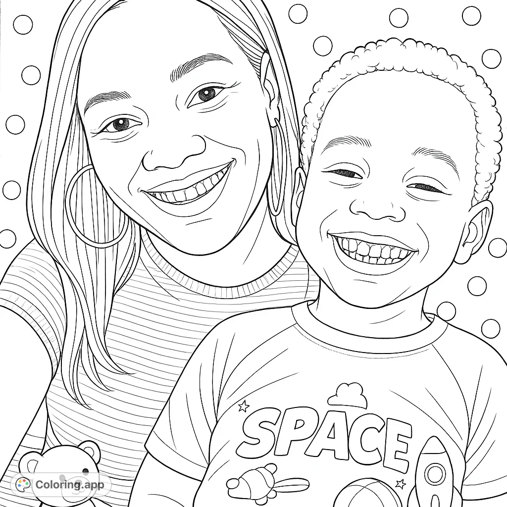 A heartwarming family coloring page featuring a smiling parent and child, capturing a moment of pure joy. Perfect for celebrating family bonds.
