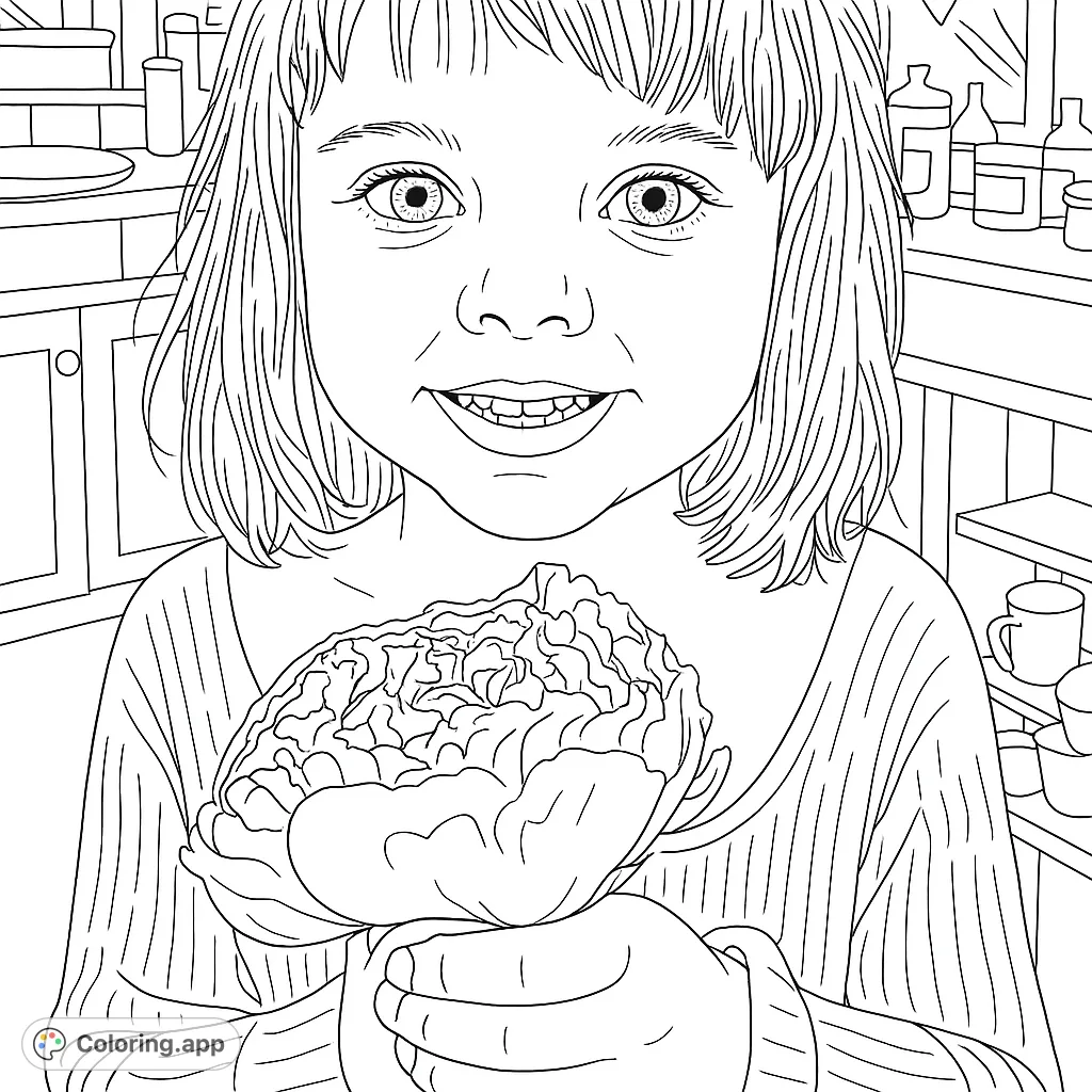A delightful coloring page featuring a smiling child holding a beautiful, detailed peony flower. Perfect for all ages to enjoy.