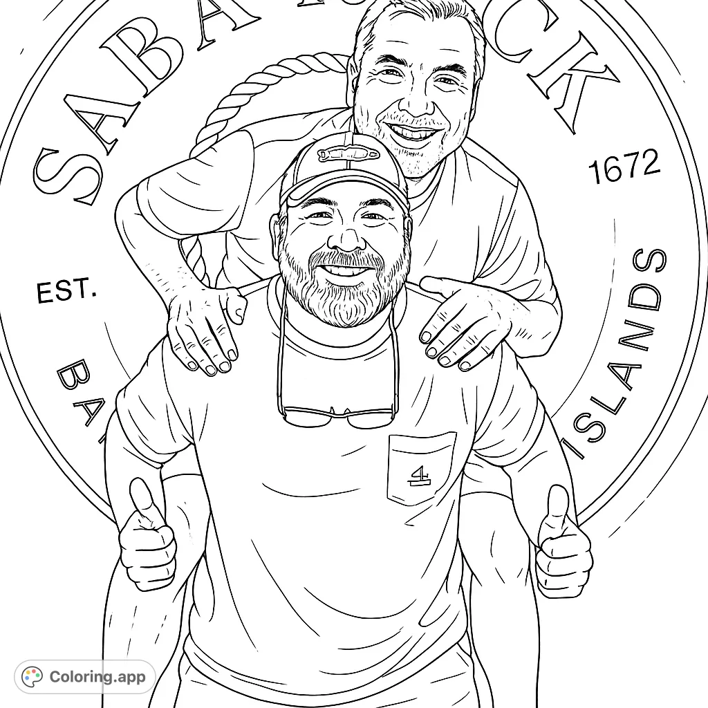 Two smiling men enjoying a playful piggyback ride against a decorative wall, perfect for a fun friendship coloring page.